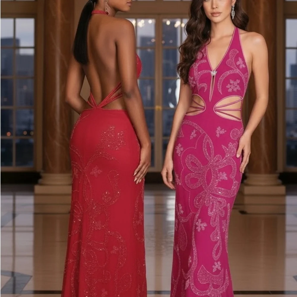 Attitudes by‎ Debra Elegant Pink Halter hand, beaded designer Evening Gown